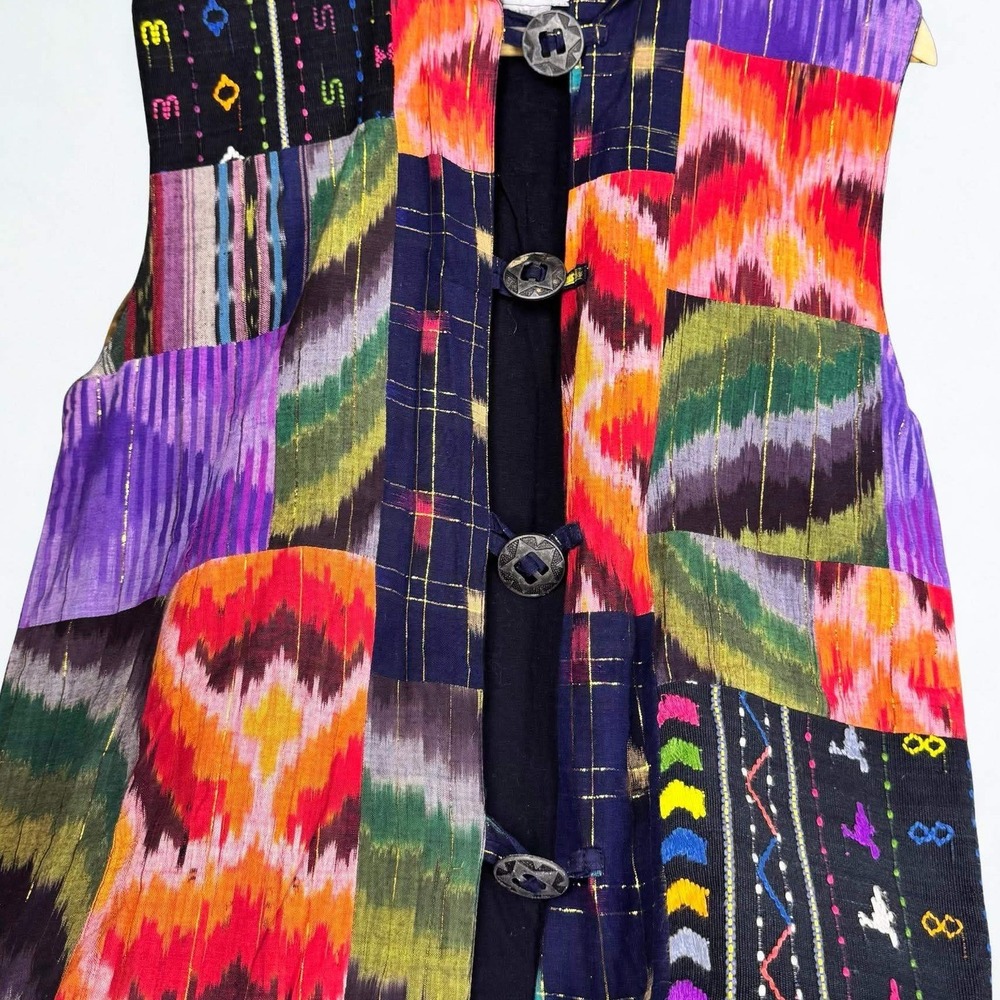 Vtg Passports Pier 1 Imports Patchwork Ikat Cotton Vest Metal Buttons Grandma - Picture 4 of 7